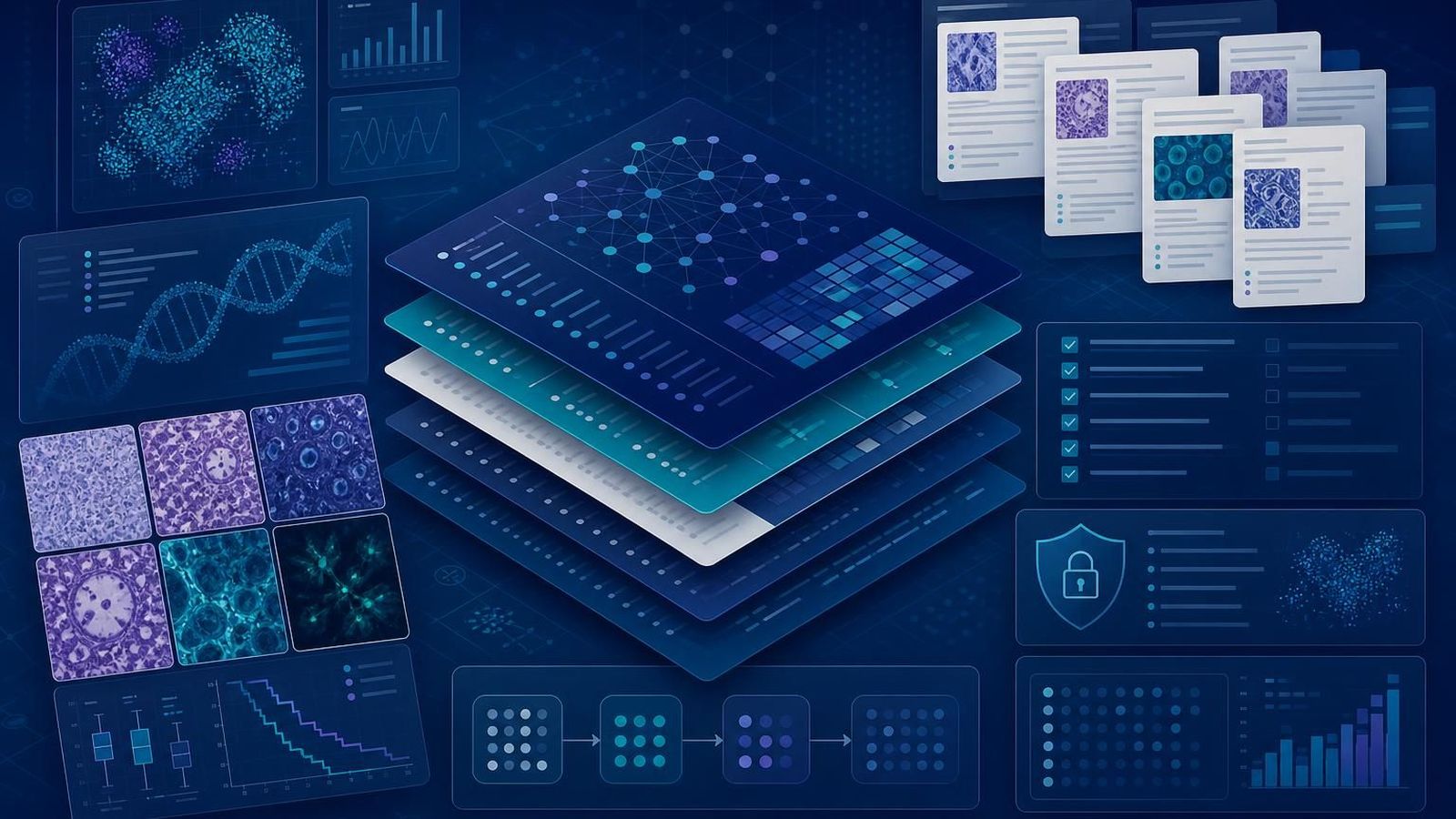 Research workstation showing oncology literature, model evaluation notes, and software comparison criteria
