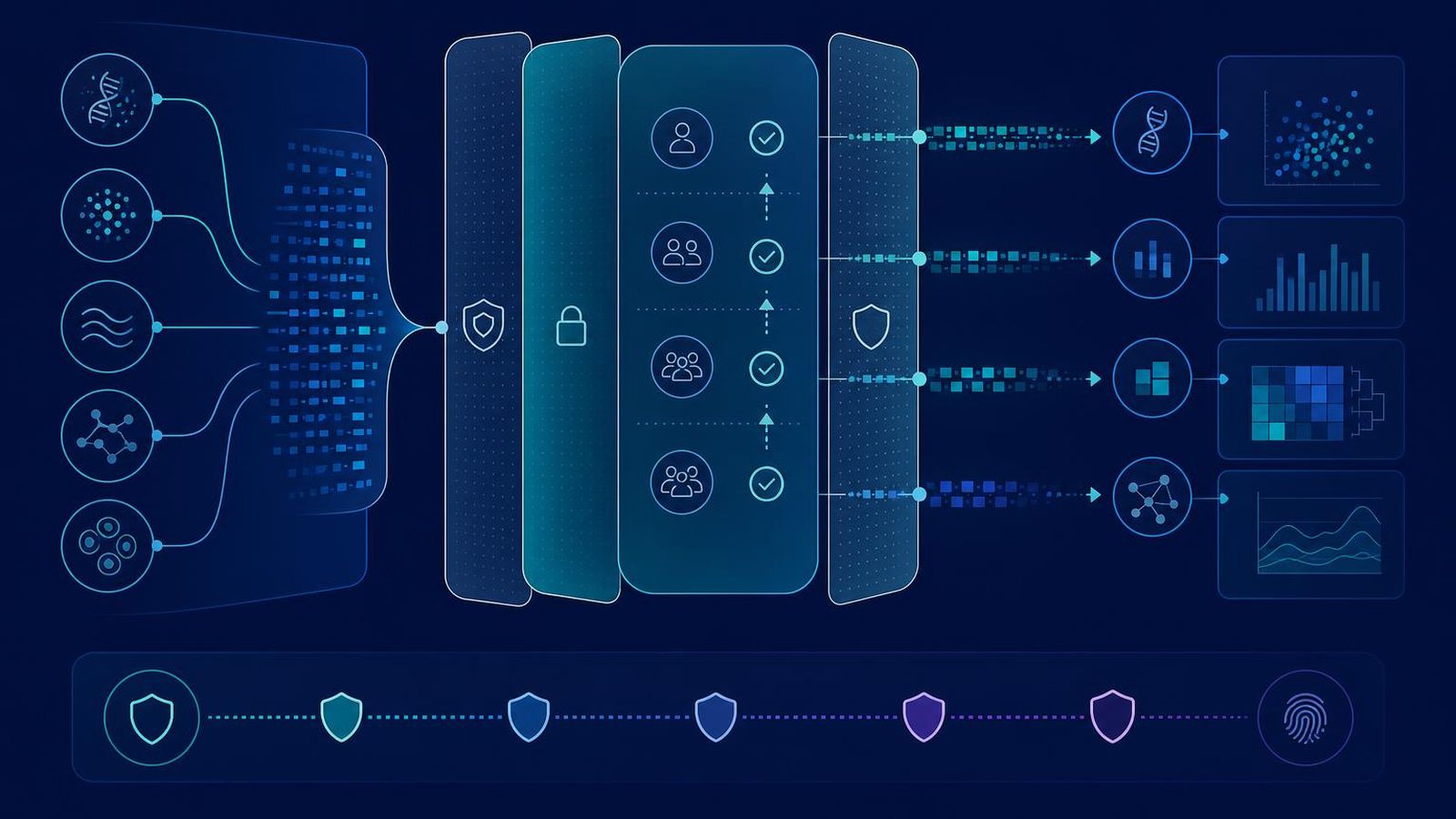 Genomic data marketplace flow with consent gates, access tiers, and reidentification risk indicators