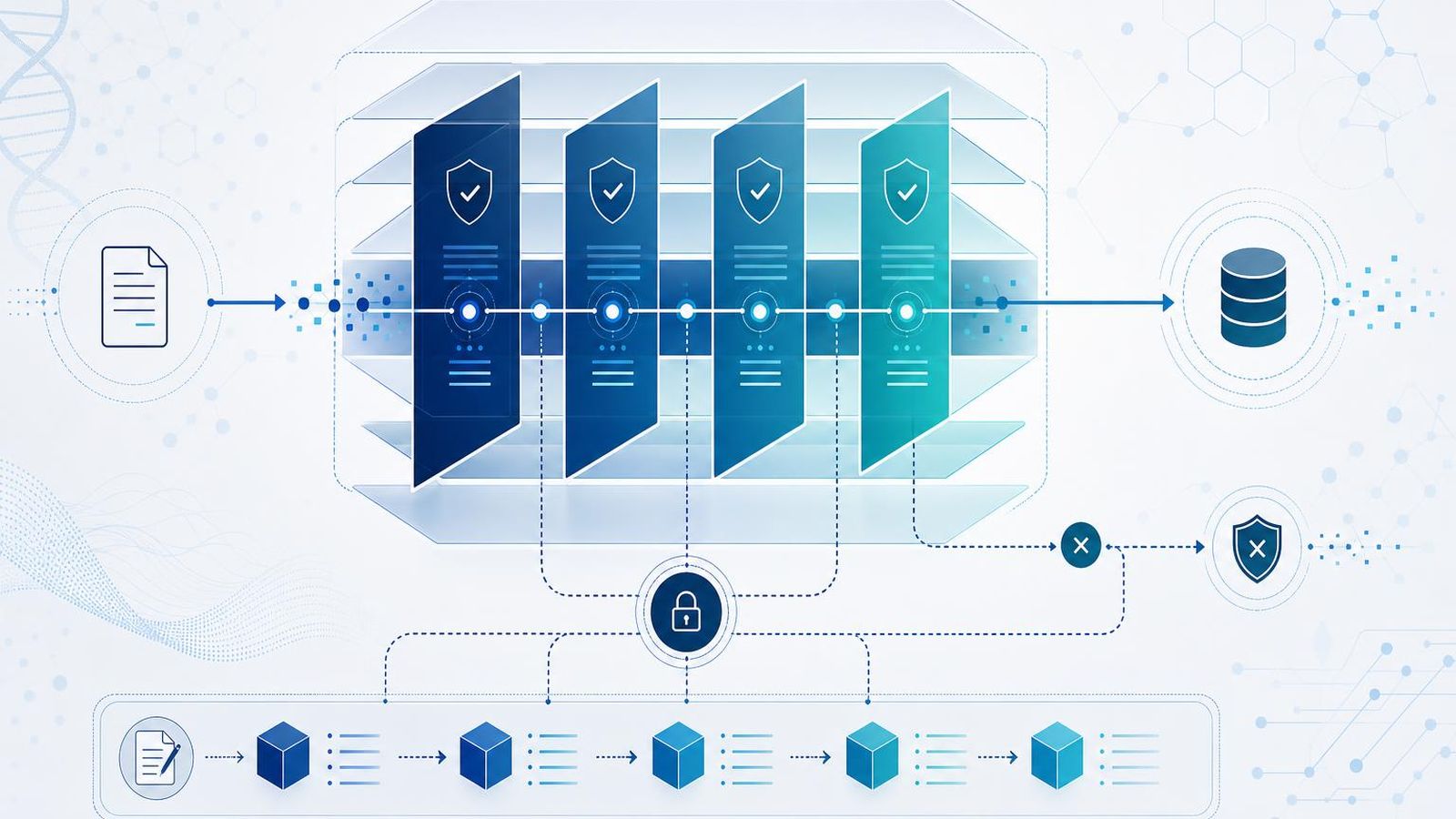 Layered consent flow diagram with audit log and revocation paths
